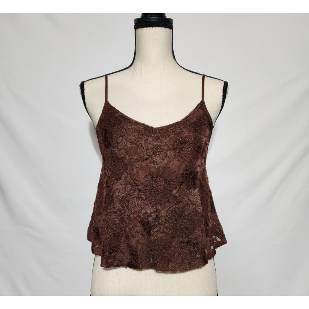 Express Brown Cropped Embroidered Floral Mesh Y2K Style Top Size XS Fairy Forest